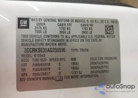 2010 Chevrolet Silverado Lt from USA, damaged, VIN 3GCRKSE35AG230596